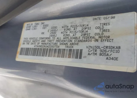 1998 Toyota Tacoma Base V6 from USA, damaged, VIN 4TAVN52N1WZ093754